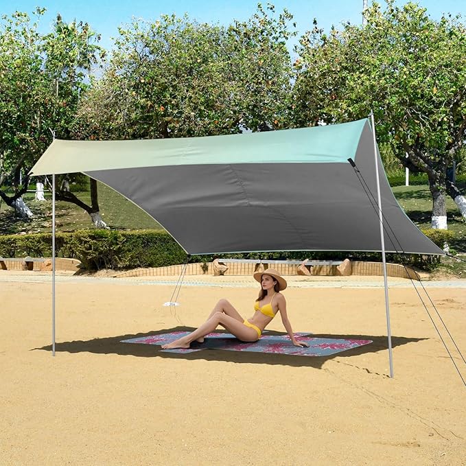 Blue Yellow Gradient Foldable Beach Canopy UPF50+ Protection Water-Resistant Sun Shelter with Sandbags &amp Sand Shovel for Camping Picnics Backyard &amp Fishing