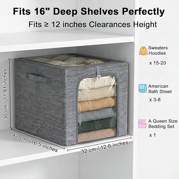GoMaihe Clothes Storage Bin with Metal Frame: 6-Pack Stackable Closet Storage Bin with Lid &amp Clear Window Sweater Boxes Storage for Closet Bedding Clothing Storage Organizer 40L