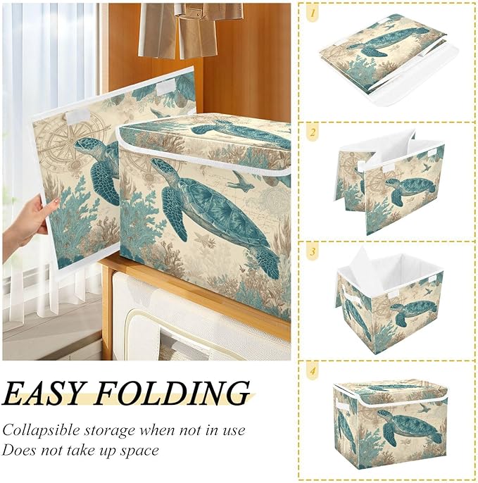 Retro Sea Turtle Compass Collapsible Storage Bins with Lids Decorative Fabric Cubes Closet Organizer Basket Boxes Containers for Clothes Box Chest Folding Rectangle