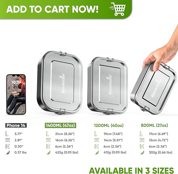 Blockhütte Personalized Lunch Box for Men I 47oz I Stainless Steel Bento Box Custom Name I Metal Lunchbox for Kids I Non-Toxic Eco-Friendly Leakproof Lunch Container Adults I Personalized Gifts