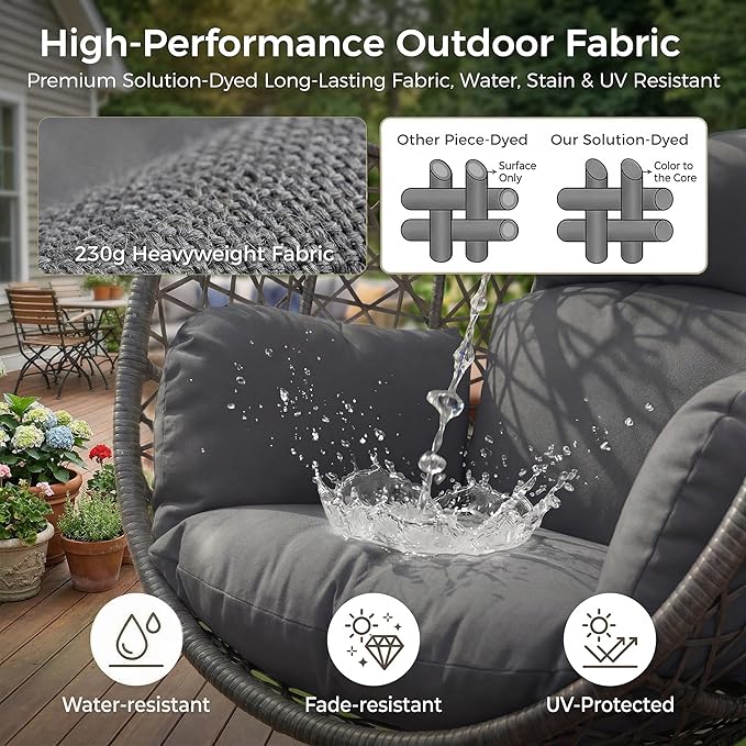 BULEXYARD Oversized Hanging Egg Chair with Stand Indoor Outdoor Wicker Bird Cage Swing Chair Patio Hammock Egg-Shaped Swinging Chair with Dark Grey Cushion for Garden Bedroom 350LBS Capacity