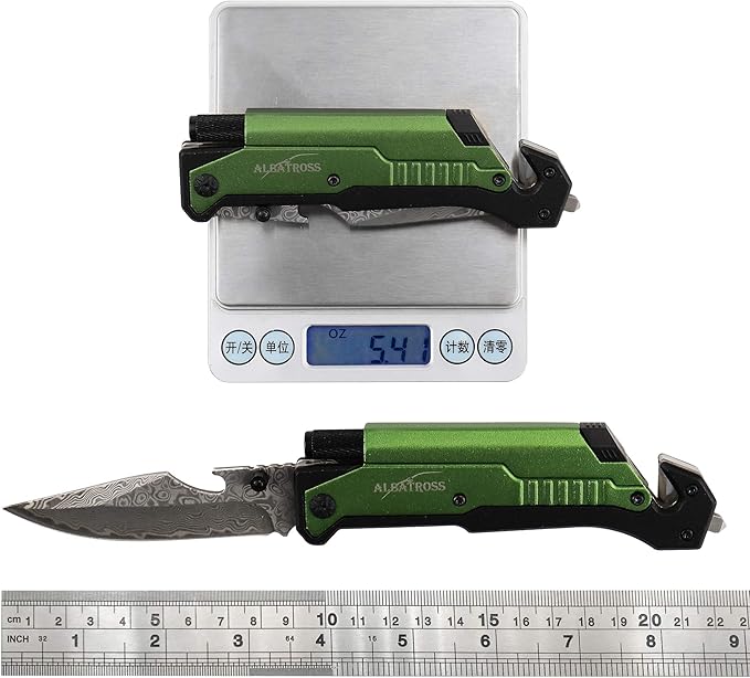 ALBATROSS 6-in-1 Modern Damascus Steel Folding Pocket Knives with LED LightSeatbelt CutterGlass BreakerMagnesium Fire StarterBottle OpenerMulti-Function Emergency Tool(Green-DA)