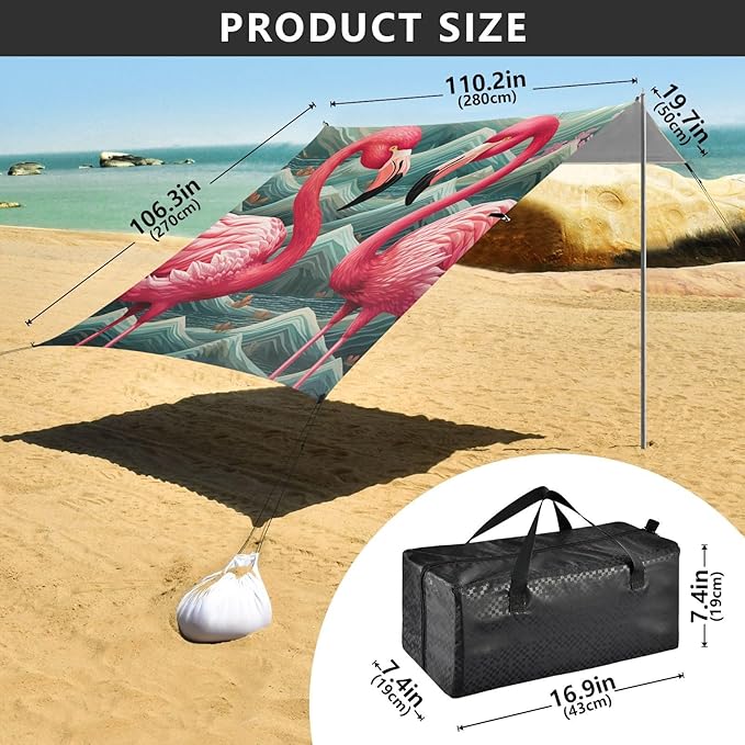ALAZA Flamingos Pink Floral Wave Beach Tent Sun Shelter Portable Canopy Sunshade for Outdoor Camping Picnics Backyard Fun 10x9 ft