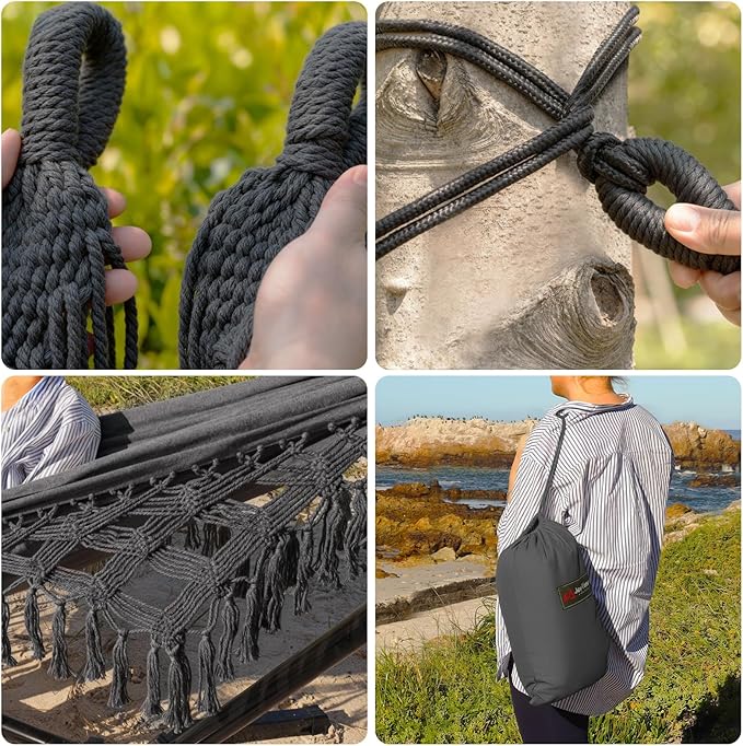 JoyView Boho Macrame Double Hammock with Hanging Ropes &amp Elegant Tassels 86.6x59 Portable Cotton Hammock for Patio Backyard Porch 450LBS Weight Capacity Perfect for Outdoor/Indoor - Dark Grey