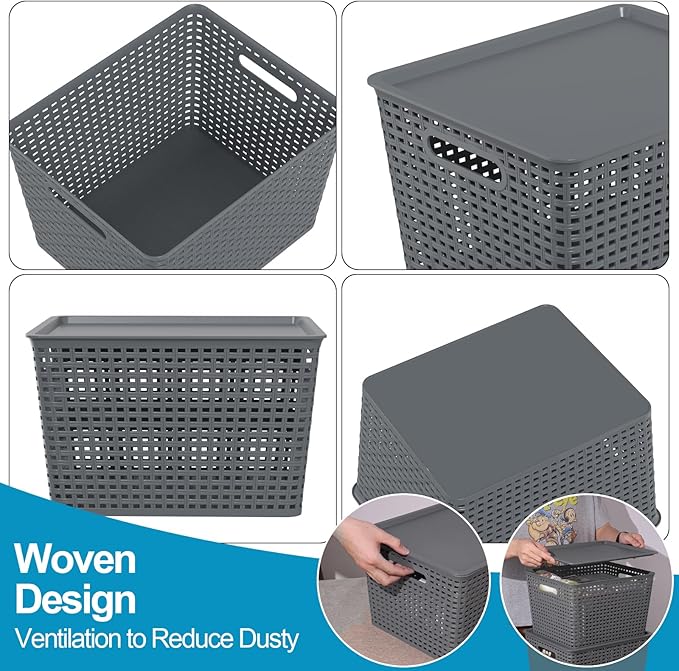 6-Pack Large Plastic Storage Baskets Bins with Lid Ideal for Barthroom Kitchen Pantry Closets Organizing Gray