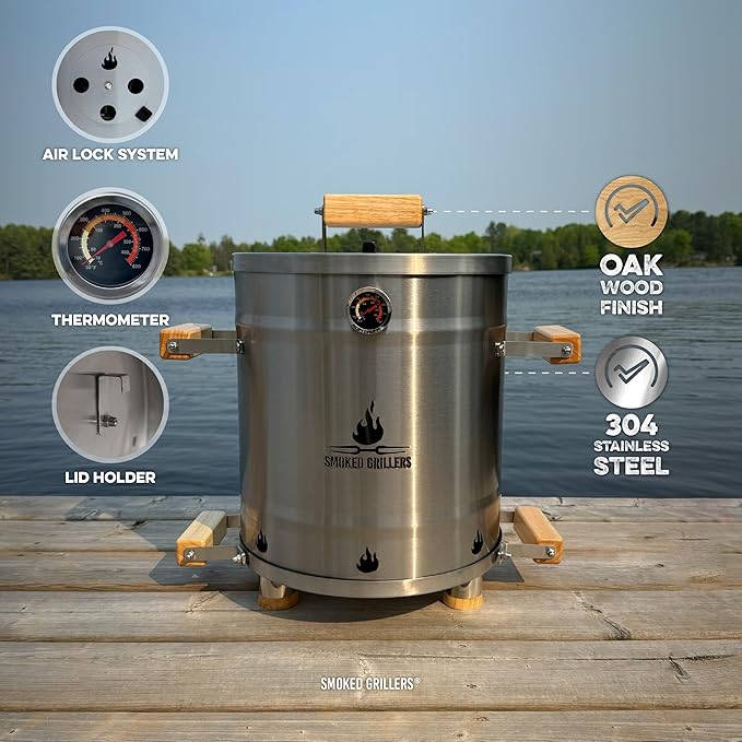 Barrel Smoker Grill Combo | 100% 304 Stainless Steel Barrel | 95% Less Smoke Even Heat | Easy to Use &amp Clean – Vertical Smoker Ideal for Balconies and Backyards (SMALL-13 LBS)