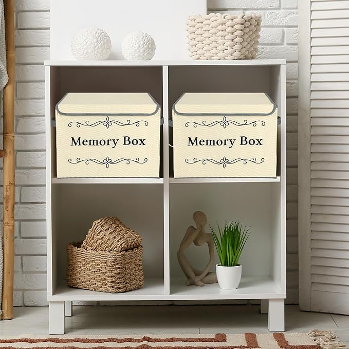LemonRoad 2Pcs Memory Box Keepsakes for Kid Memory Decorative Storage Box Bin with Lid for Baby Wedding Travel Birthday Anniversary Precious Milestones Gift Loved Ones Treasured 16x12x12''(Ecru)