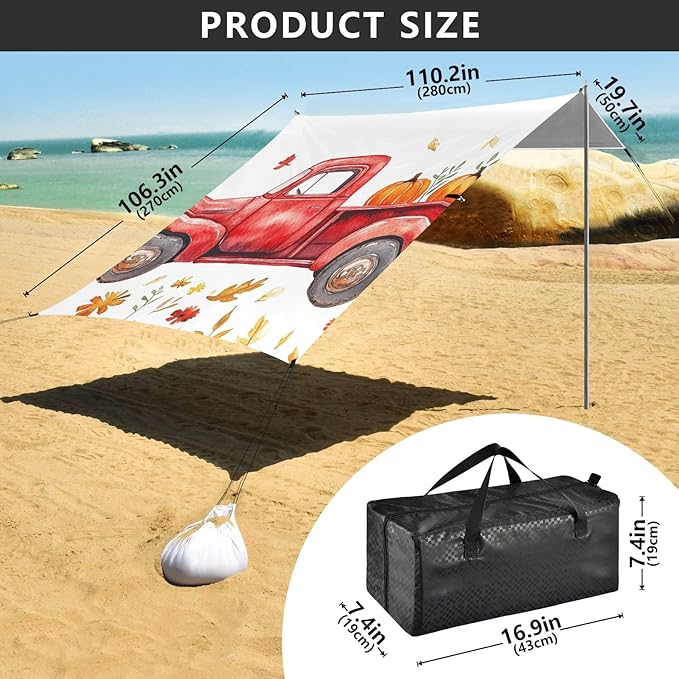 Autumn Truck Pumpkin Stable Beach Tent UPF50+ Water-Resistant Shade Sun Shelter Includes Sand Shovel Sandbags Stability Poles for Camping Picnics Backyard