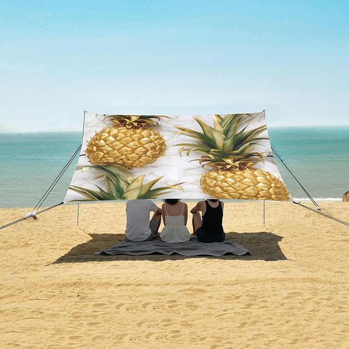 ALAZA Pineapples Marble Background Beach Tent Sun Shelter Portable Canopy Sunshade for Outdoor Camping Picnics Backyard Fun 10x9 ft