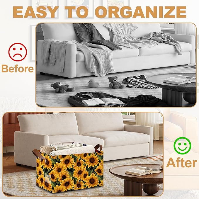 32L Large Storage Bins with Handles Basket Organizer for Shelves Closet Books Laundry &amp Home Decor (Field Sunflower)