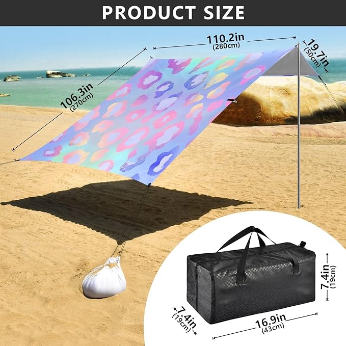 ALAZA Cheetah Print Leopard Rainbow Gradient Beach Tent Sun Shelter UPF50+ Protection Beach Shade Canopy w/ 4 Sandbags for Outdoor Camping Fishing Backyard Fun Picnic 10x9 ft