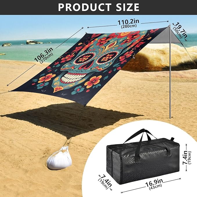 ALAZA Sugar Skull Flower on Black Beach Tent Sun Shelter Portable Canopy Sunshade for Outdoor Camping Picnics Backyard Fun 10x9 ft