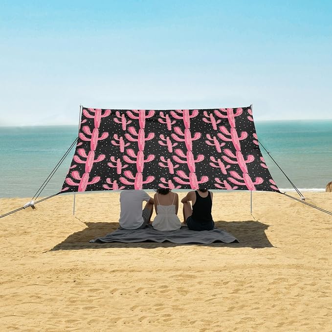ALAZA Pink Cactus Cacti Beach Tent Sun Shelter UPF50+ Protection Beach Shade Canopy w/ 4 Sandbags for Outdoor Camping Fishing Backyard Fun Picnic 10x9 ft