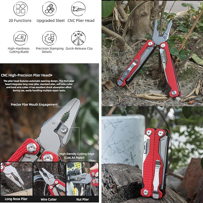 Multitool 20-in-1 Full-Size Multi-Purpose Pliers Lightweight EDC Tactical Gear With Safety Locking Camping Knives &amp Tools Gifts for Guys Gifts for Hunters Men who have Everything (Orange)