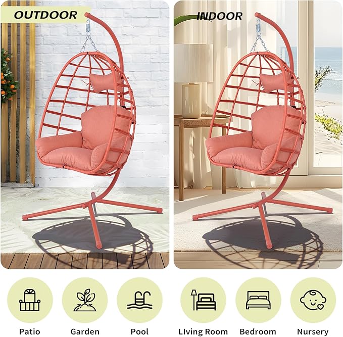 Hanging Egg Chair with Stand Outdoor Indoor Patio Rattan Swing Hammock Chairs with Washable Cushion 350lbs Capacity PE Wicker Swing Chair for Backyard Bedroom Garden (Orange + Orange Cushion)