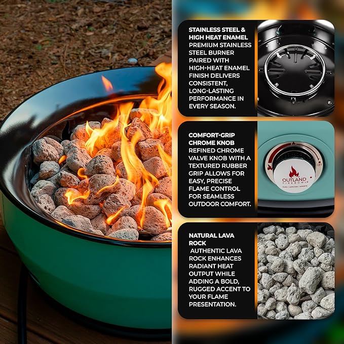 Outland Living Large Outdoor Propane Gas Fire Pit for Outside 60000 BTU/h 24 inch with Lid - Modern Lake Country 800 Fire Bowl Firepit for Patio Blue
