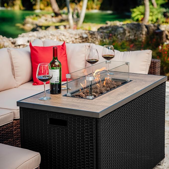 Nestl 43 Inch Fire Pit for Outdoor - 50000 BTU Outdoor Propane Fire Pit Table with Lid Rain Cover &amp Lava Rocks - Patio Fire Pit Table with Tempered Glass for Backyard Gatherings - Black