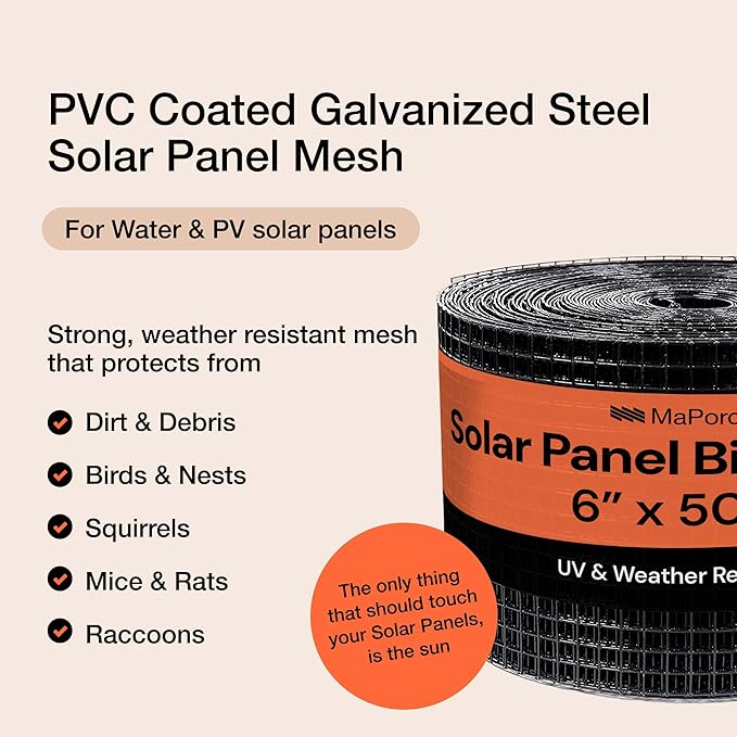 MaPorch Solar Panel Squirrel Netting - PVC Coated Galvanized Steel Mesh - 6 in x 50 ft Black Under Fence Barrier Mesh - Squirrel Wire Guard &amp Bird Netting Solar Panel Protection &amp Garden Fen