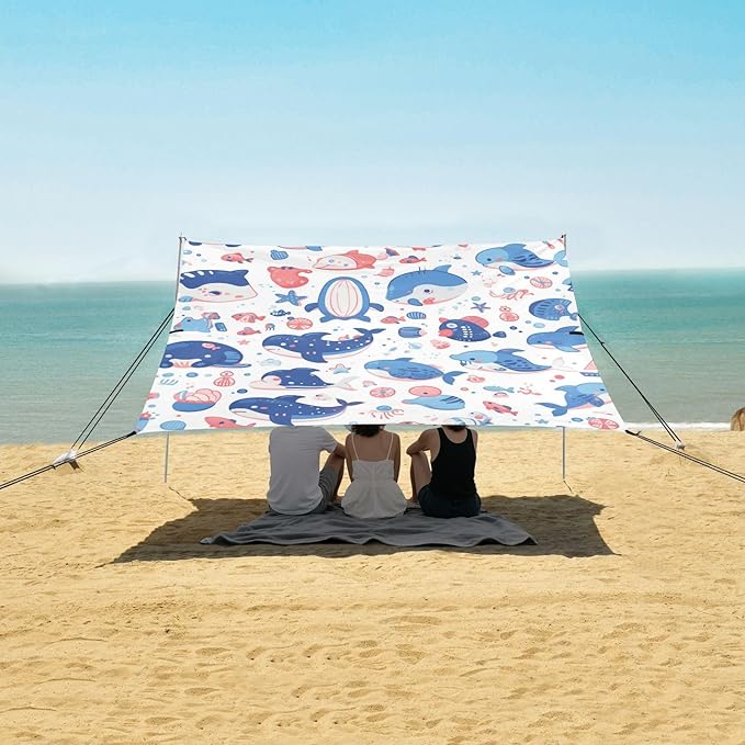 Sea Animals and Ocean Creatures Beach Cabana Tent UPF50+ Protection Water-Resistant Portable Sun Shelter Includes Sand Shovel Sandbags Stability Poles for Camping Fishing Backyard Fun