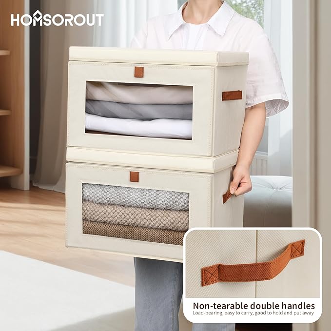 Homsorout Clothes Storage Bins with Window &amp Flap Closet Organizer with Handles Decorative Basket for Home Dorm Beige