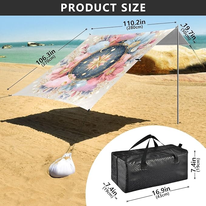 ALAZA Compass Moon Star Flowers Beach Tent Sun Shelter UPF50+ Protection Beach Shade Canopy w/ 4 Sandbags for Outdoor Camping Fishing Backyard Fun Picnic 10x9 ft