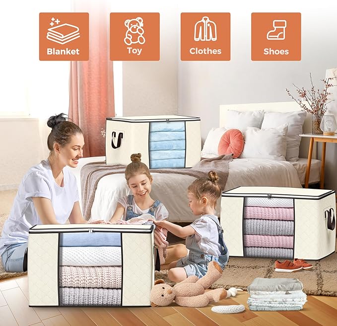 90 L Large Storage Bags 6 Pack Clothes Storage Bins Foldable Closet Organizers Storage Containers with Reinforced Handle for Clothing Blanket Comforters Bed Sheets Pillows and Toys (Beige)