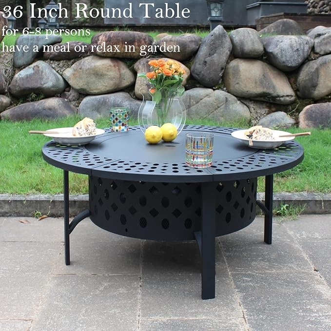OutVue 36 Inch Fire Pit with 2 Grills Wood Burning Fire Pits for Outside with Lid Poker and Round Waterproof Cover BBQ&amp Outdoor Firepit &amp Round Metal Table 3 in 1 for Patio Picnic Party