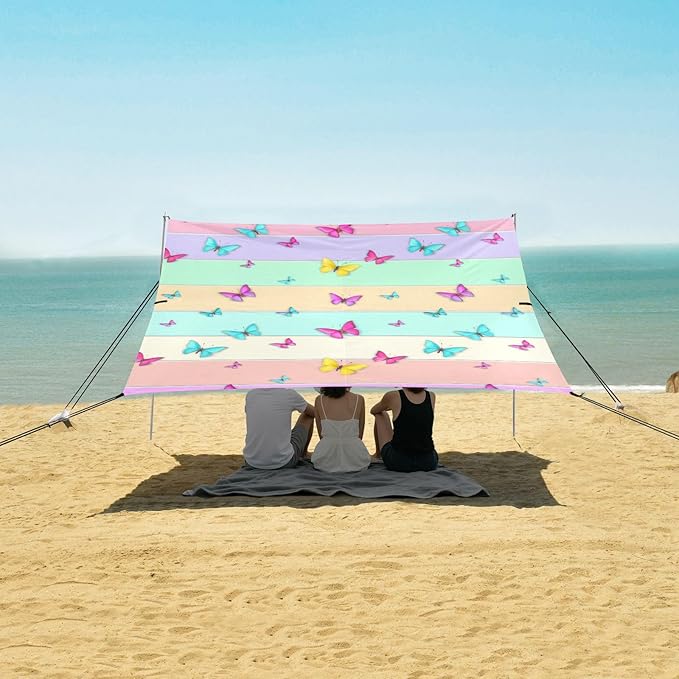Beach Canopy with Windproof Ropes &amp Sandbags Beach Tent Sun Shade Sun Shelter for Camping Trips Fishing Backyard Fun or Picnics Butterfly