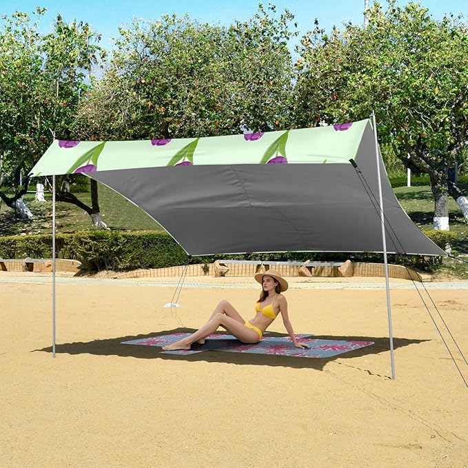Beach Canopy with Windproof Ropes &amp Sandbags Beach Tent Sun Shade Sun Shelter for Camping Trips Fishing Backyard Fun or Picnics Tulip