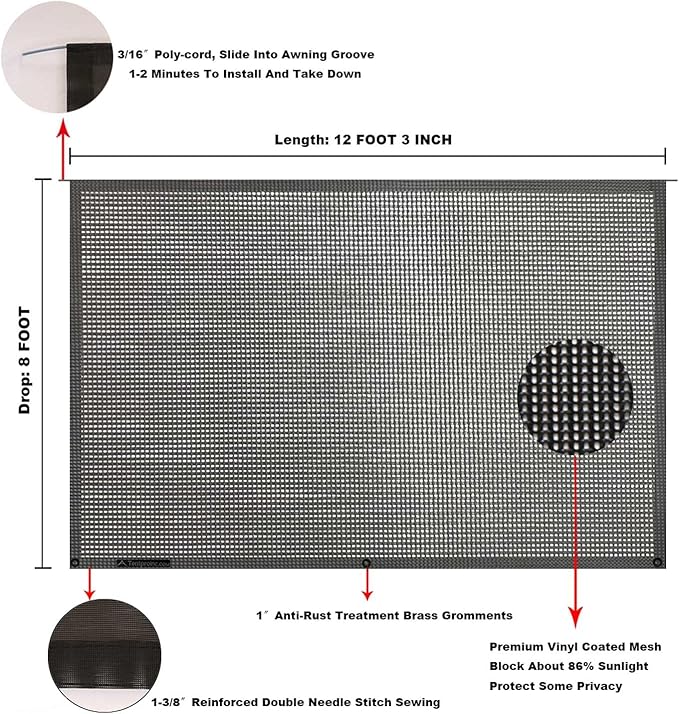 Tentproinc RV Awning Sun Shade Screen 8' X 12' 3'' (Fit for 13' Awning) Mesh Sunshade Screen for Motorhome Camping Trailer Awning Sunscreen Shadescreen UV Sunblock - 3 Year Warranty (Black)