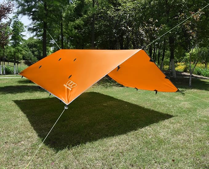 Gold Armour Rainfly Tarp Hammock Premium 14.7ft/12ft/10ft/8ft Rain Fly Cover Waterproof Ultralight Camping Shelter Canopy Survival Equipment Gear Camping Tent Accessories (Orange 12ft x 10ft)