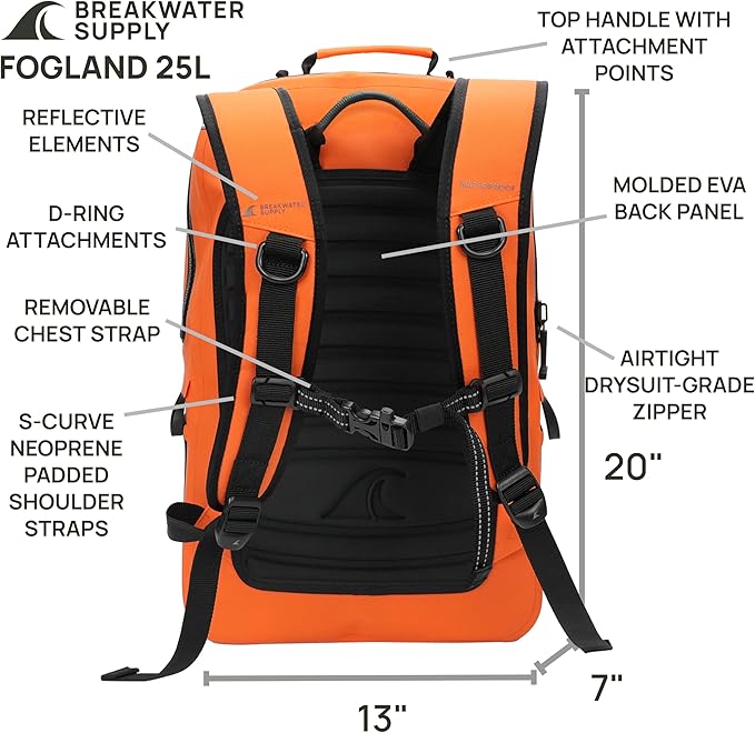 Breakwater Supply™ Fogland Waterproof IP68 Submersible Backpack | Laptop Sleeve &amp Airtight Zippers for Outdoors Travel Boating Kayaking Commute Floating Dry Bag Unisex TPU (Safety Orange 2
