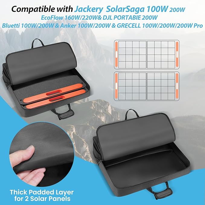 Solar Panel Storage Bag Compatible with Jackery SolarSaga 100W 200W/Anker 100W 200W/Ecoflow 160W 220W/Bluetti 100W 200W Travel Carrying Case for 2 Battery Panels Solar Panel Bag with Multiple Pocket