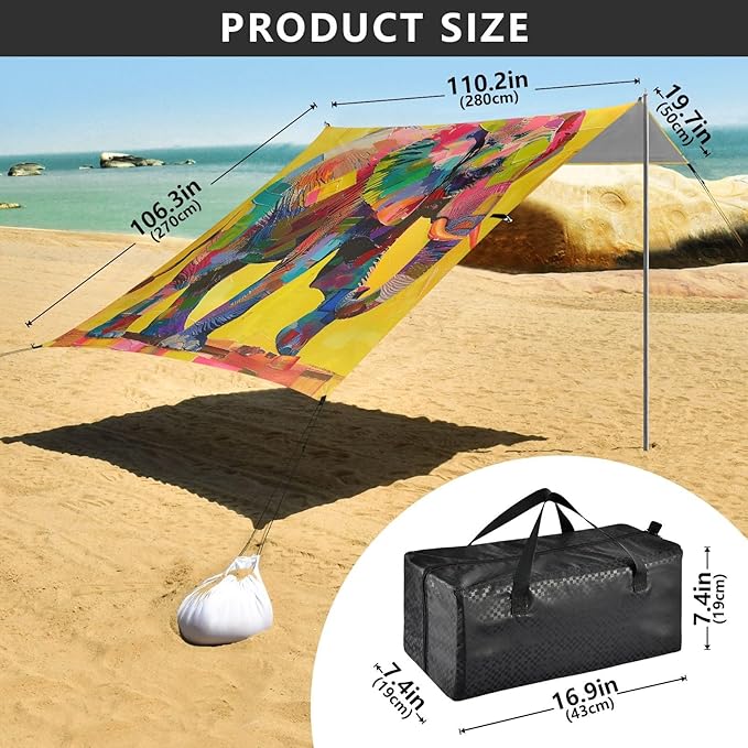ALAZA Elephant Collage Beach Tent Sun Shelter UPF50+ Protection Beach Shade Canopy w/ 4 Sandbags for Outdoor Camping Fishing Backyard Fun Picnic 10x9 ft