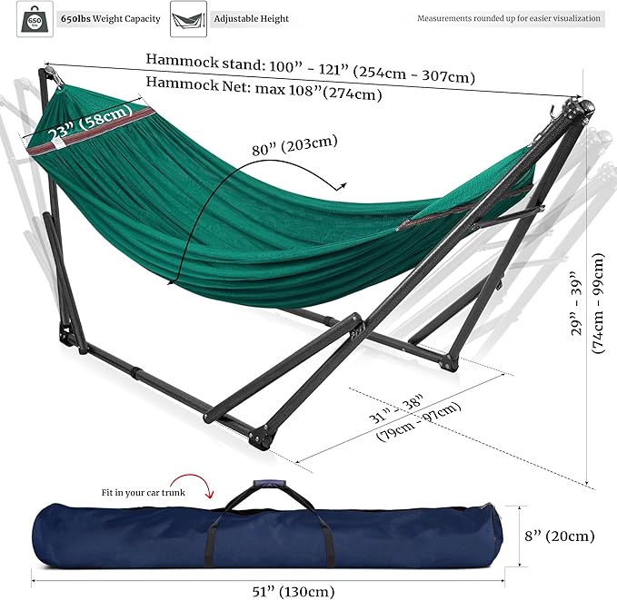 Tranquillo Double Hammock with Stand Included for 2 Persons/Foldable Hammock Stand 600 lbs Capacity Portable Case - Inhouse Outdoor Camping Peacock