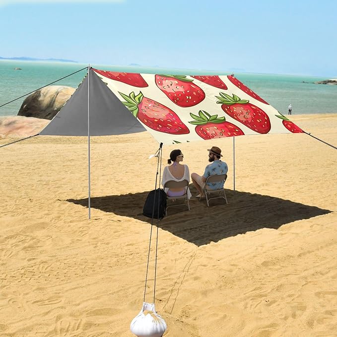 ALAZA Strawberry Seamless on Yellow Beach Tent Sun Shelter Portable Canopy Sunshade for Outdoor Camping Picnics Backyard Fun 10x9 ft