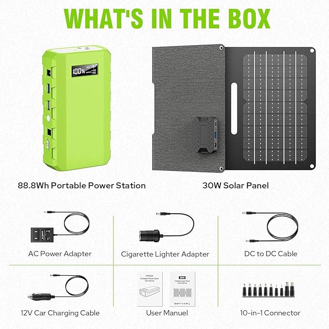 powkey 24000mAh/65W Solar Generator 30W with Panels Included 88Wh Portable Power Station with AC Outlet Lithium Battery Rechargeable Powered Bank with 110V AC Outlet for Emergency (Green+Black)