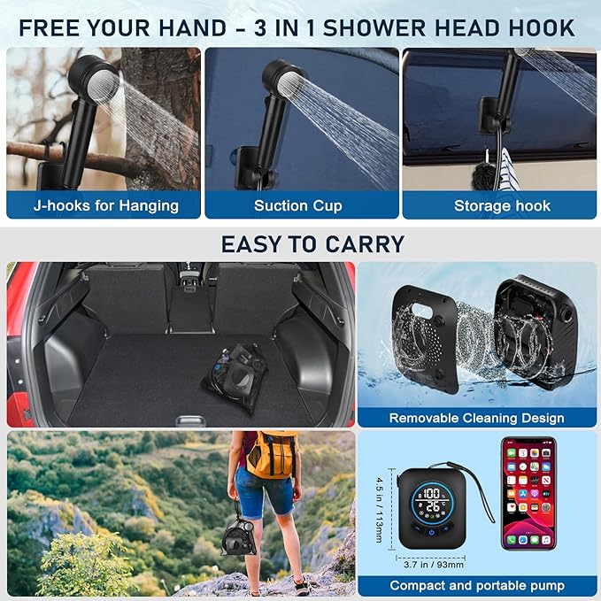 Portable Shower for Camping [Upgraded] Spopal 8000mAh Rechargeable Camping Shower with 5 Adjustable Speeds 4 Spray Modes LED Display IPX8 Waterproof Outdoor Shower Kit for Hiking Travel Car Pet