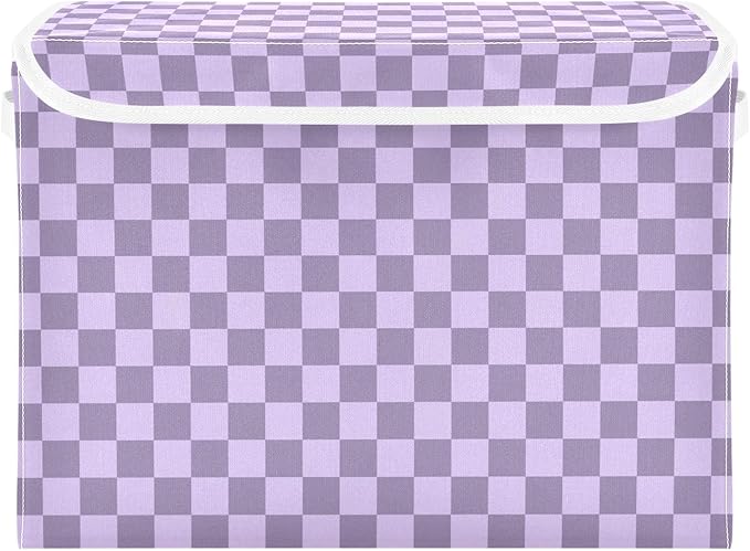 Purple Grey Checkerboard Storage Baskets Lidded Bin Foldable Storage Boxes Cubes Lids with 2 Handles for Organizing Closet Home Office