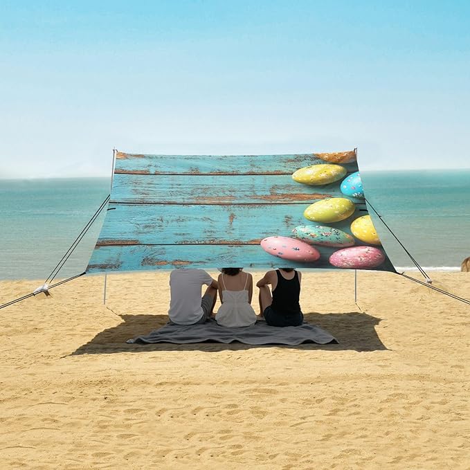 ALAZA Happy Easter Vintage Banner Colored Easter Eggs Beach Tent Sun Shelter Portable Canopy Sunshade for Outdoor Camping Picnics Backyard Fun 10x9 ft