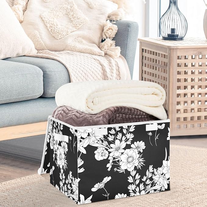 CaTaKu Large Fabric Storage Bins With LidsBlack and White Flower Storage Boxes With Handles for Organizing Clothes Collapsible Storage Cube Bins Baskets for Shelves