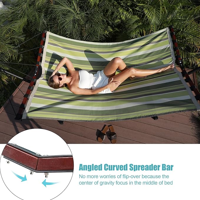 TegerDeger 12FT 2 Person Hammock Large Hammock Quick Dry 450LB Capacity with V Shaped Hardwood Spreader Bar &amp Nylon Rope for Outside Patio Garden Backyard Beach Poolside - Tender Green Stripe