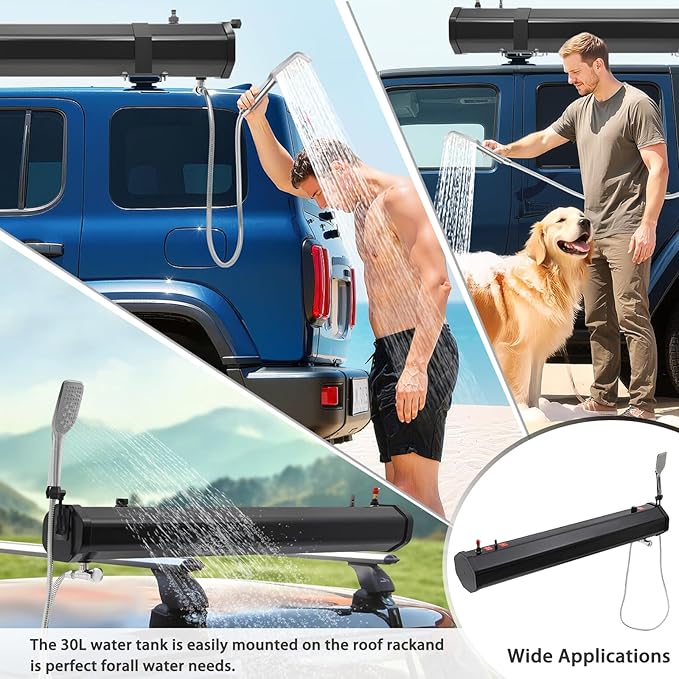 Portable Roof Rack Shower System - Pressurized Water Tank with Adjustable Shower Head &amp Hose - Off-Road Camping Shower for SUV Truck RV &amp Outdoor Adventures