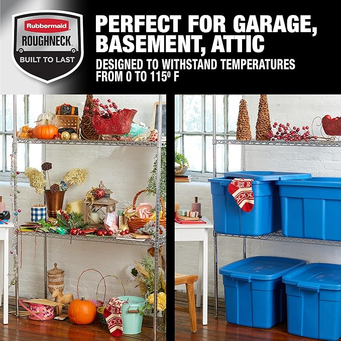 Rubbermaid Roughneck Tote 25 Gal 4 Pack Made in USA Heritage Blue Rugged Plastic Stackable Storage Bins with Lids and Handles