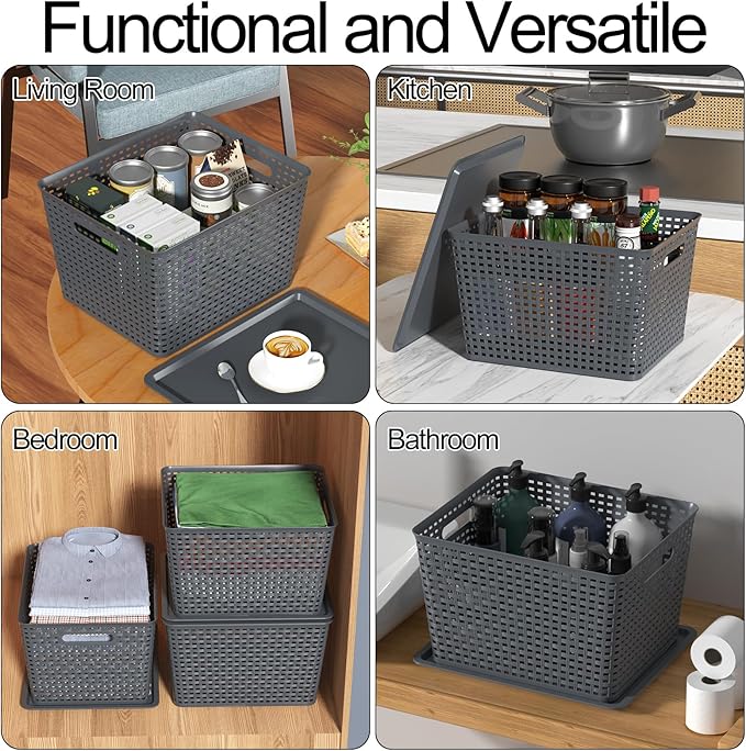 6-Pack Large Plastic Storage Basket Bins with Lid Stackable Storage Baskets with Lids 14.05 x 11.65 x 8.66 Gray