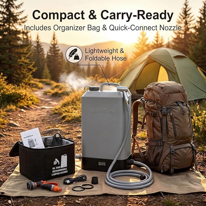 4.5 gallon/16L Silicone Water TankPortable Outdoor ShowerElectric Shower8 Types of Multifunctional Shower HeadsUsing Solar Heating Temperature DisplaySuitable for CampingBeachand Hiking