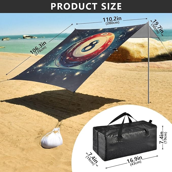 ALAZA Number Eight Billiard Ball Constellations Beach Tent Sun Shelter Portable Canopy Sunshade for Outdoor Camping Picnics Backyard Fun 10x9 ft