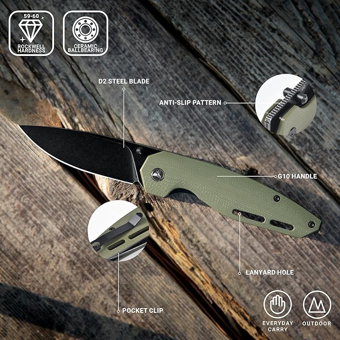 Pocket Knife 3.1 Black Stonewashed D2 Blade EDC Knife with G10 Handle Front Flipper Pocket Knife for Men Women with Thumb Stud - Camping Hiking Survival Preparation