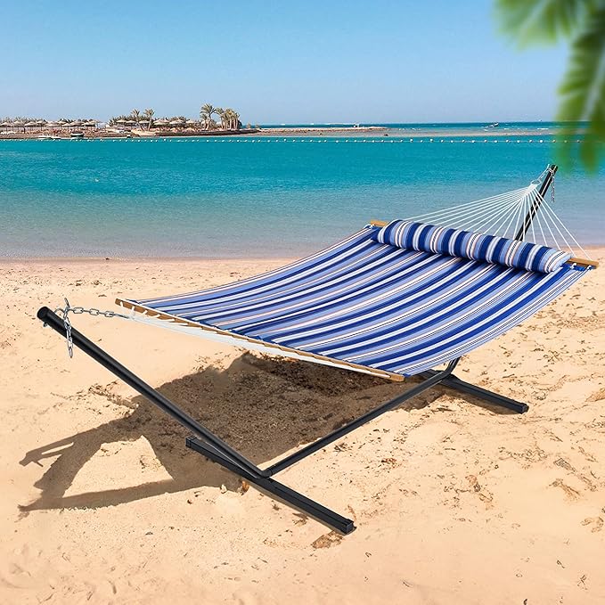 SUPERJARE Hammock with Stand 2 Person Quilted Outdoor Hammock Detachable Pillow &amp Bamboo Spreaders Portable Hammock with Carrying Bag Heavy Duty Stand Perfect for Outside Navy Blue Stripe