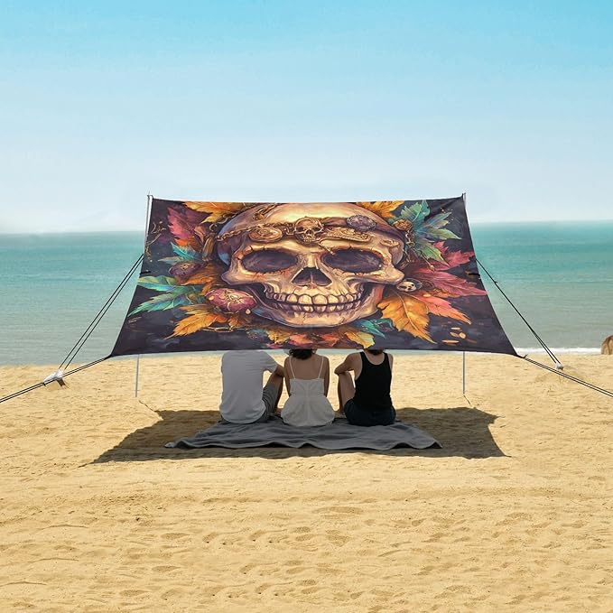 ALAZA Pirate Skull with Leaves Beach Tent Sun Shelter Portable Canopy Sunshade for Outdoor Camping Picnics Backyard Fun 10x9 ft